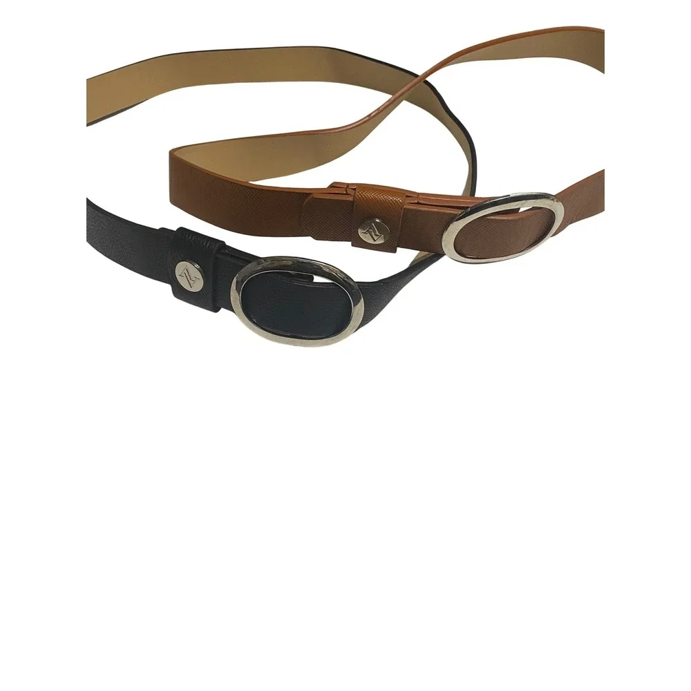 Women's ML Belt Set 2pcs Black & Brown Faux Leather Oval Buckles 41in Adjustable